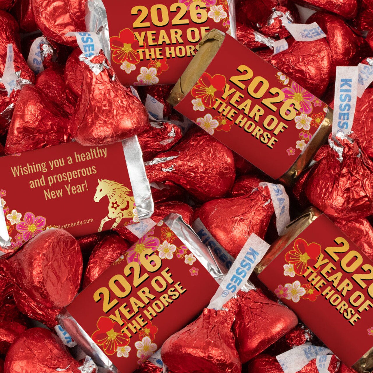 4.5lb Chinese New Year Assorted Red Chocolate Bulk Candy Mix With Wrapped Miniatures And Red Foiled Kisses For Wealth & Success - Year Of The Horse (372ct)
